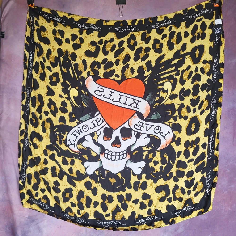 Ed Hardy Scarf Love Kills Slowly Leopard Animal Print Skull Heart Square 42"